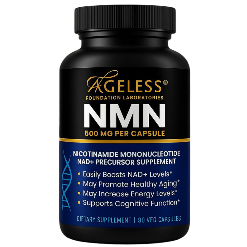 Ageless NMN 500mg bottle front view highlighting daily vitality and premium wellness