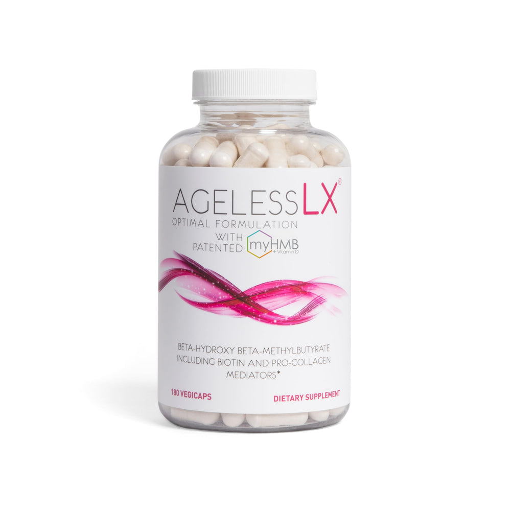 AgelessLX HMB collagen supplement bottle promotes skin, hair, and nails vitality in daily routines.