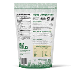 AGN Roots whey label showing ASPCA registered certification and ethical sourcing