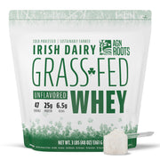 AGN Roots Grass-Fed Whey Isolate unflavored powder in a resealable pouch for versatile shakes.