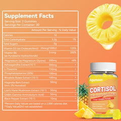 Agumoon Cortisol Gummies bottle back showing ingredients and daily routine use