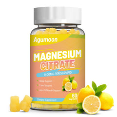 Agumoon magnesium citrate gummies lemon bottle: high-absorption formula supports relaxation and daily wellness.