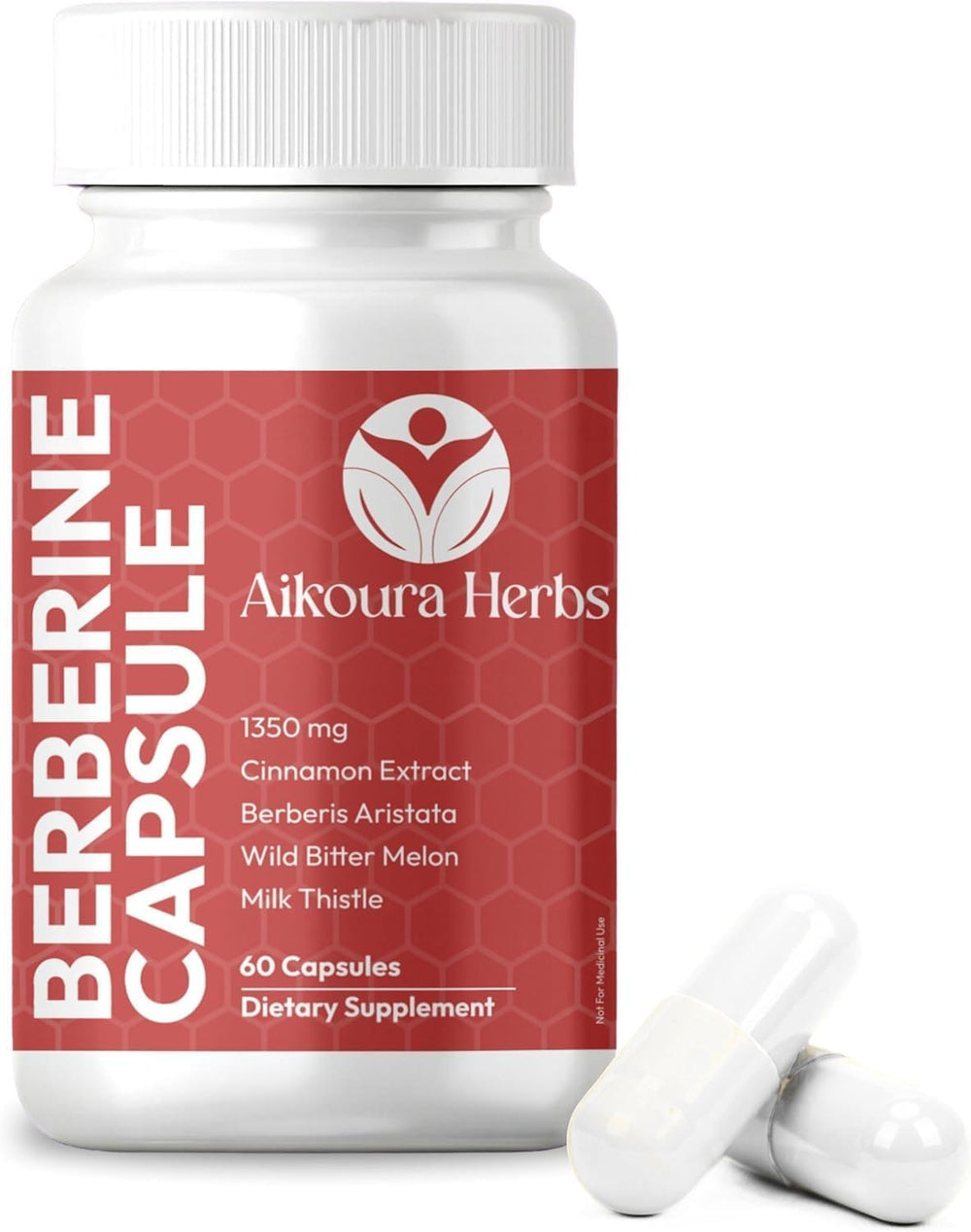 AIKOURA HERBS Berberine capsules bottle front shows a potent herbal blend for daily vitality.