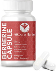 AIKOURA HERBS Berberine capsules bottle front shows a potent herbal blend for daily vitality.