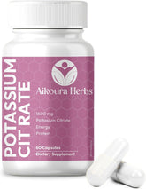 AIKOURA HERBS Potassium Citrate bottle emphasizing daily hydration support.