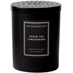 Air Esscentials Green Tea Lemongrass candle close-up label showcasing premium fragrance for calm spaces