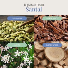 Air Esscentials Santal Aroma Oil label closeup reveals premium USA-made blend.