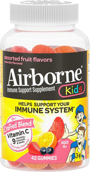 Airborne immune support gummies for kids shown in front packaging, a tasty vitamin C boost.