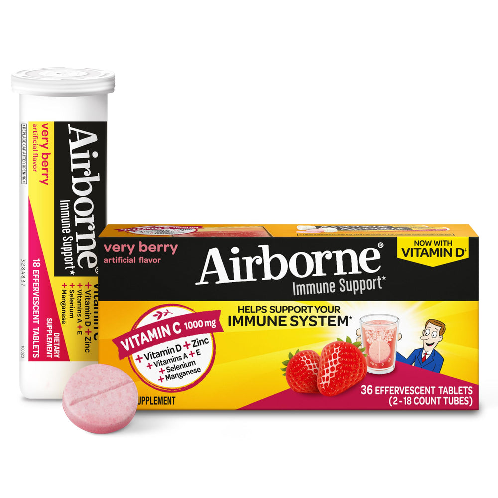 Airborne Vitamin C 1000mg tablets dissolve in water for a refreshing immune-support drink.