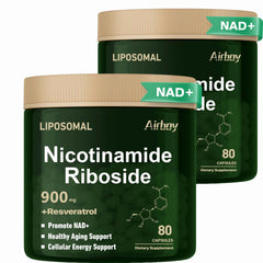 Airboy Liposomal Nicotinamide Riboside 900 mg bottle front view, signaling energy support potential.
