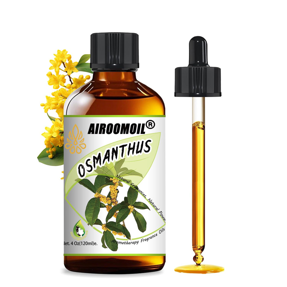 Airoomoil Osmanthus oil bottle with pour, ideal for diffusers and gentle skin care prep.