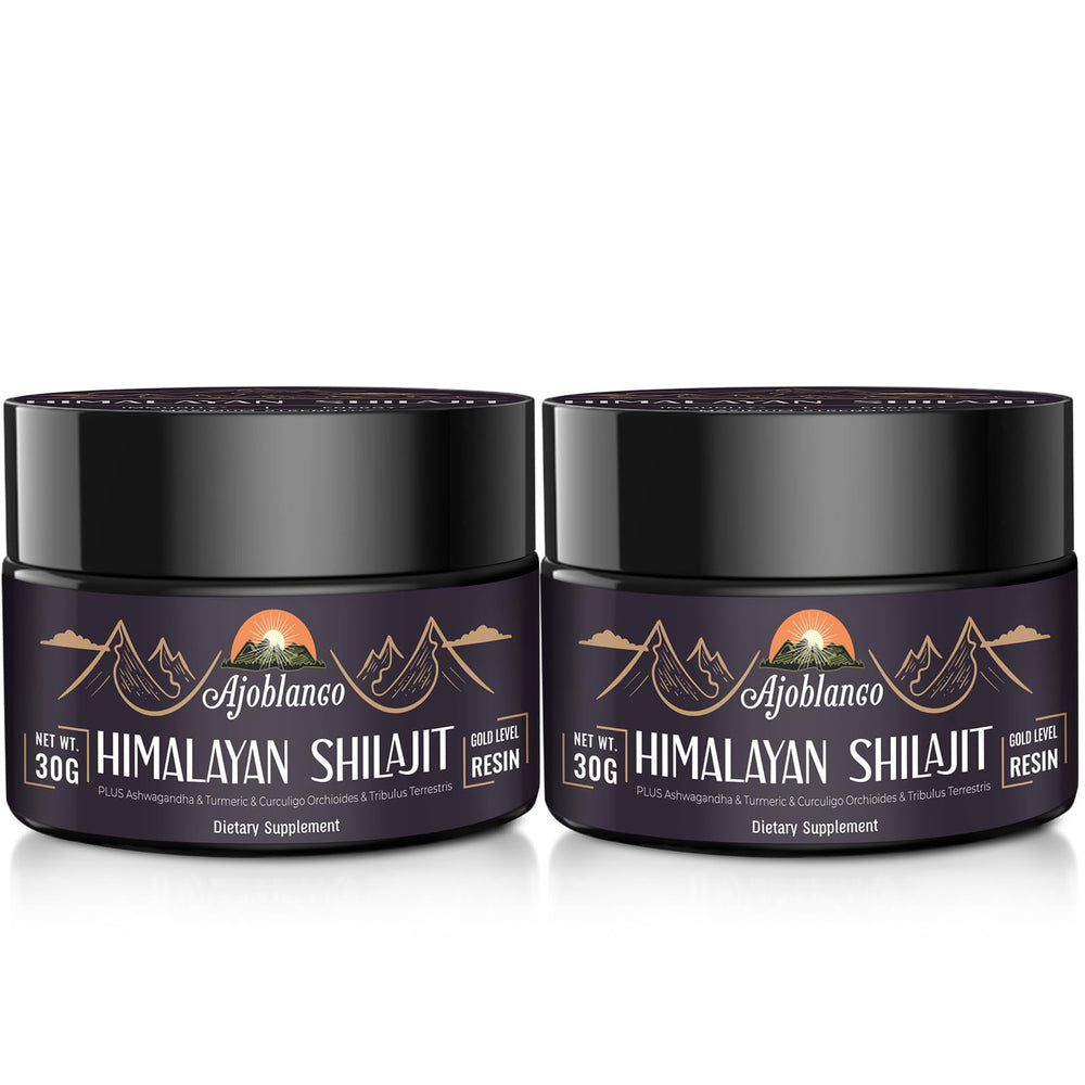 Ajoblanco Shilajit resin bottle highlights pure Himalayan energy support.