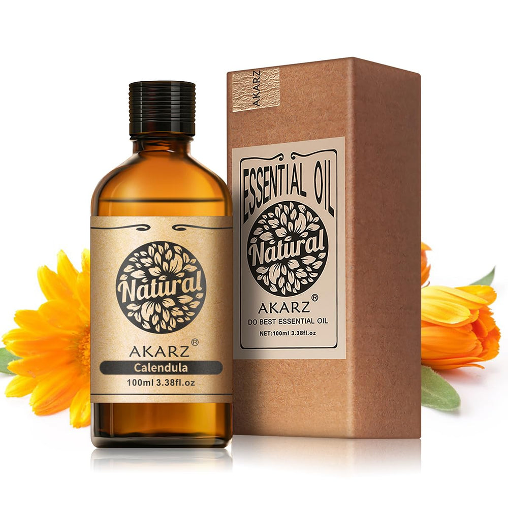 AKARZ Calendula Oil bottle scene, ideal for soothing skin and DIY blends.
