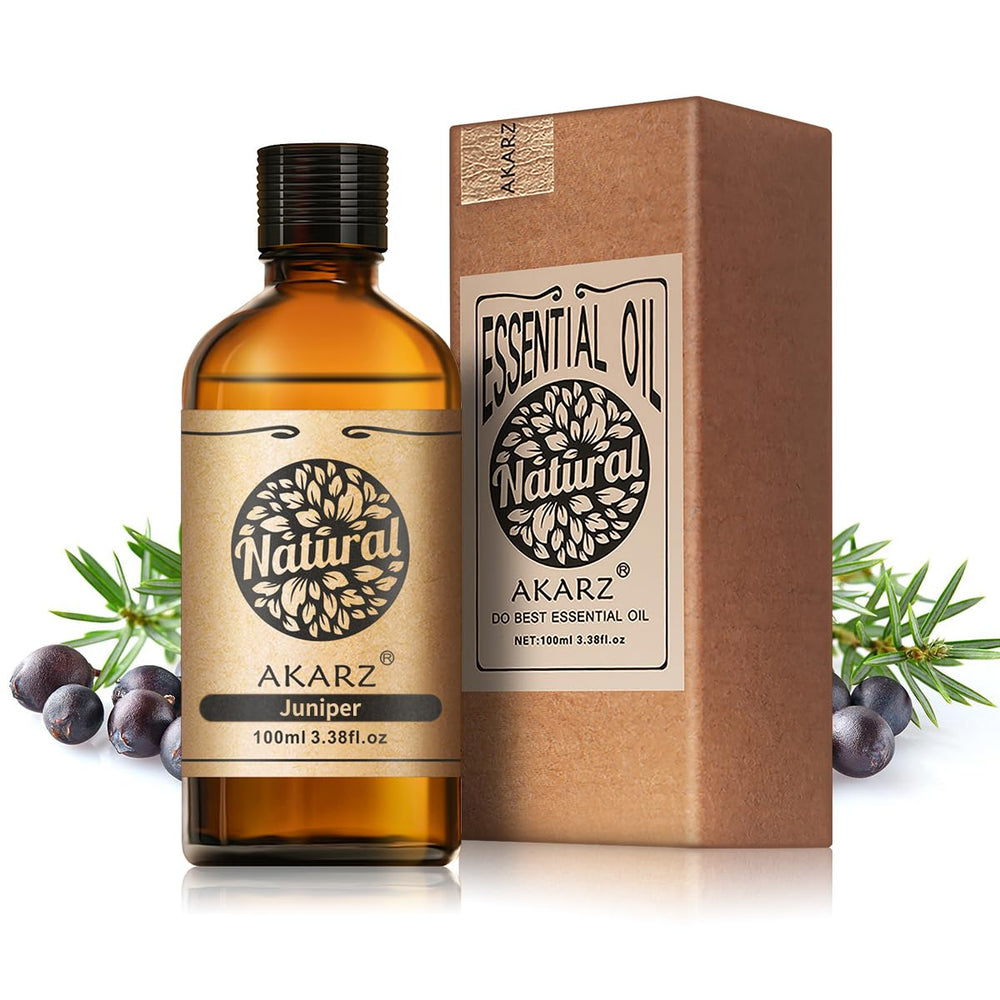 AKARZ juniper essential oil bottle preserves potency for long-lasting aromatherapy.