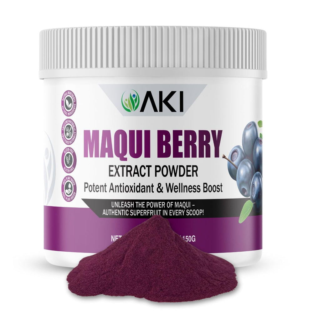 AKI Maqui Berry Extract Powder bottle highlighting Patagonia sourced and antioxidant rich formula