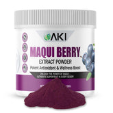 AKI Maqui Berry Extract Powder bottle highlighting Patagonia sourced and antioxidant rich formula