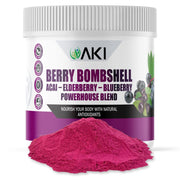AKI Organic Berry Bombshell acai powder being poured for a quick antioxidant boost.