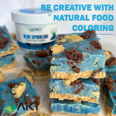 AKI Organic Blue Spirulina powder jar closeup highlighting vibrant cobalt color