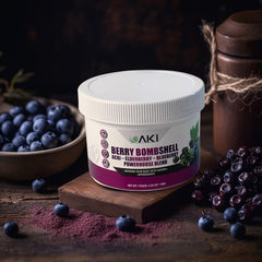 AKI Organic elderberry bottle with clear vegan, gluten-free label.