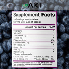 Measuring scoop next to water shows AKI ORGANIC powder for daily use.