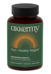 Akkermy Akkermansia probiotic bottle front promoting two-month appetite support