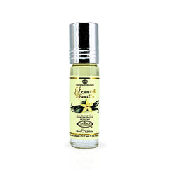 Pouring shot of Al-Rehab Spanish Vanilla perfume oil highlighting creamy top notes.