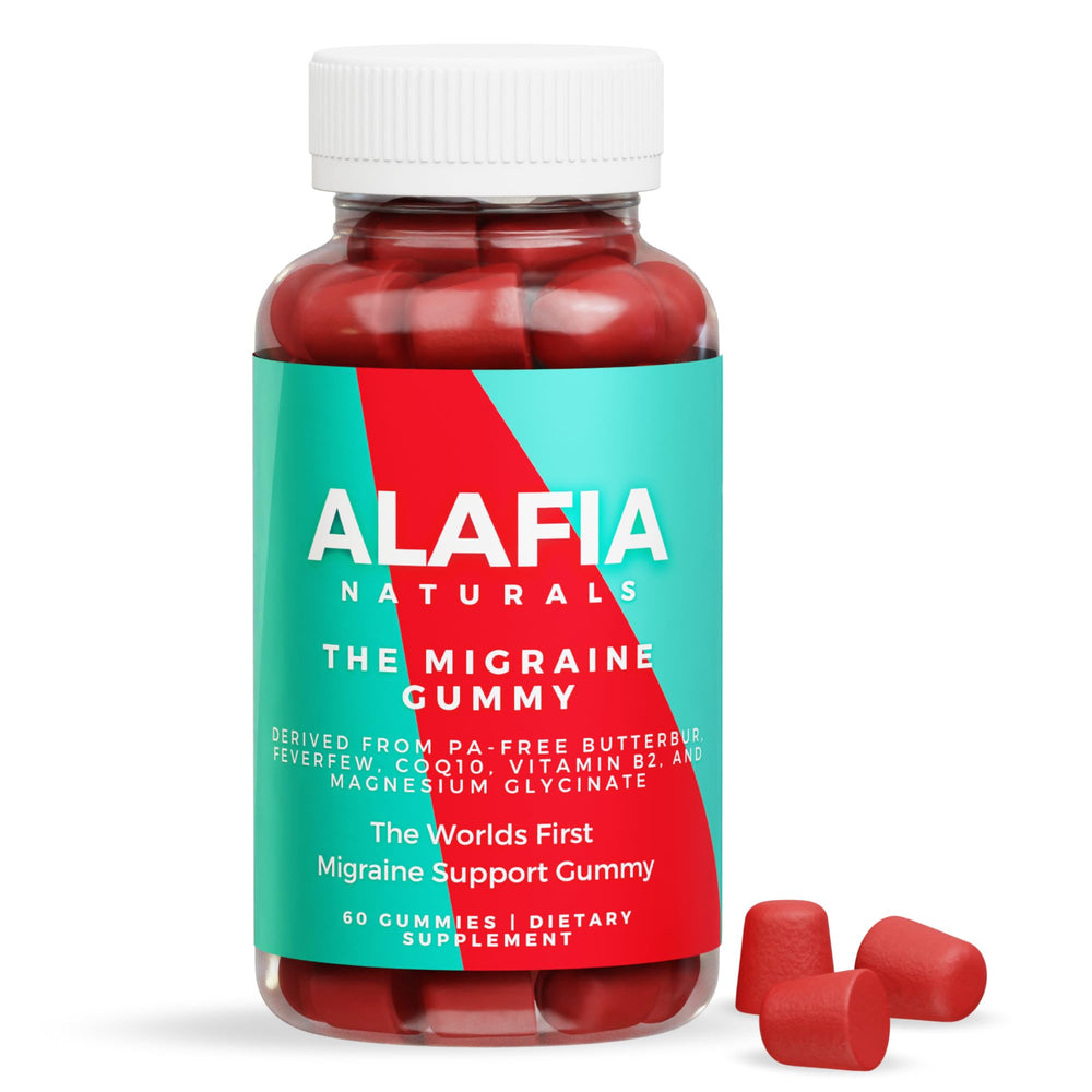 Alafia Naturals Migraine Gummy bottle on shelf for daily support