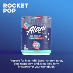 Alani Nu Pre Workout+ Rocket POP label highlighting caffeine and sugar-free formula.