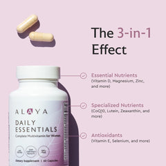 Product label of Alaya Naturals Daily Essentials emphasizing immune and energy support