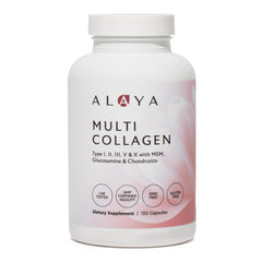 Alaya Naturals hydrolyzed collagen capsules bottle for easy daily use and skin support.