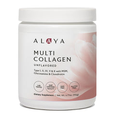 Alaya Naturals Multi Collagen powder bottle promotes radiant skin and stronger nails.