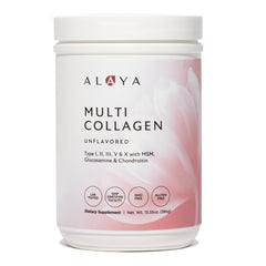 Alaya Naturals Multi Collagen Powder jar ready for daily use to support skin and joints.