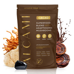 Alcami Elements cacao mushroom coffee bottle for sustained energy and focus.