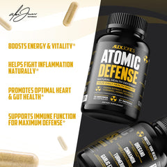 Atomic Defense capsules close-up highlighting sea moss and cumin extract.