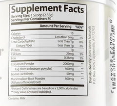 Alex Jones Naturals bovine colostrum bottle showing purity and dosage.