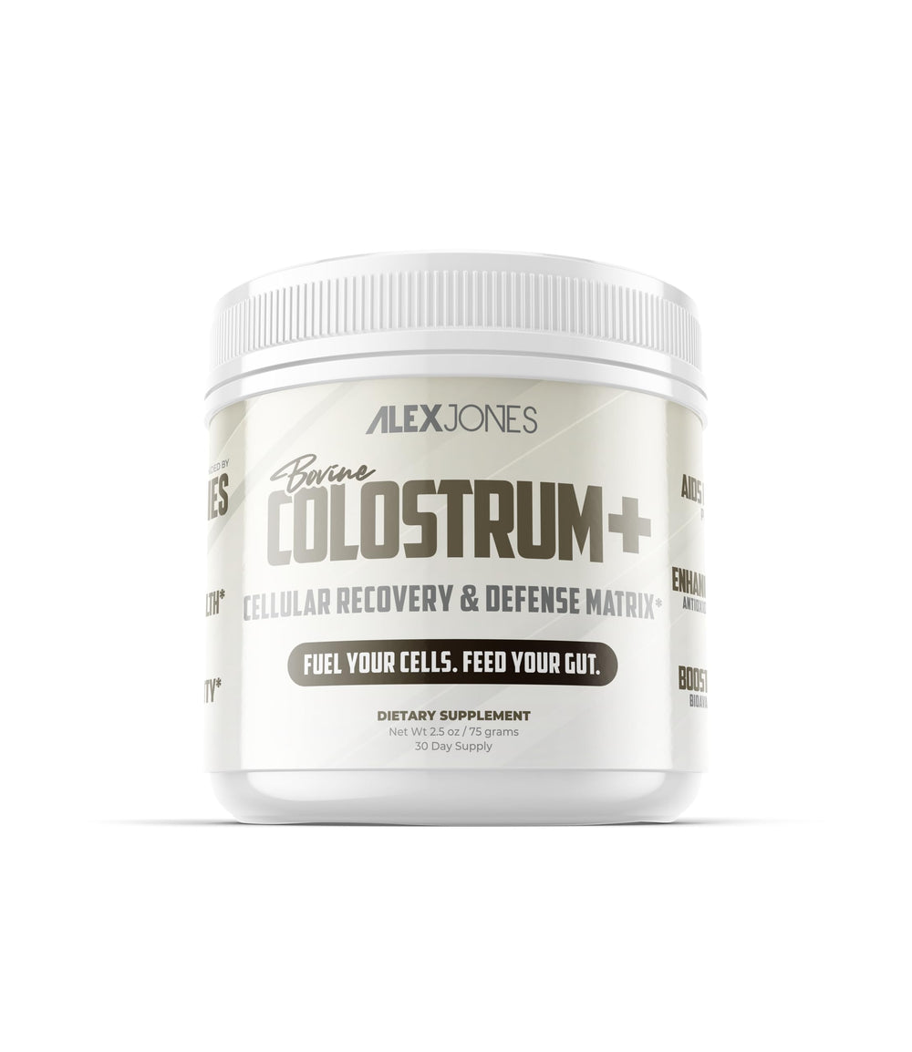 Alex Jones Naturals bovine colostrum powder with scoop for daily wellness.