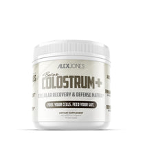 Alex Jones Naturals bovine colostrum powder with scoop for daily wellness.