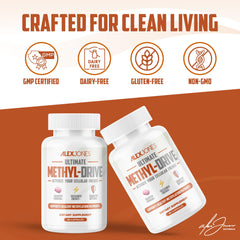 Bottle of Alex Jones Naturals Methyl Drive showing BioPerine for enhanced absorption.