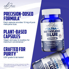 Alex Jones Naturals Methylene Blue capsules close-up, vegan-friendly and unflavored.