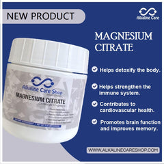 Alkaline Care Magnesium Citrate powder close-up of fine granules for easy absorption.