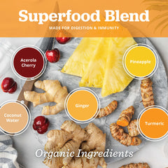 All About Juicing ginger shot pineapple turmeric stick pack with tropical flavor.