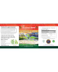 All About Neem capsules poured over the label highlighting vegan, non-GMO formula.