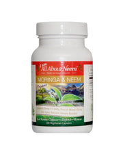 All About Neem Organic Moringa & Neem capsules bottle close-up for daily wellness.