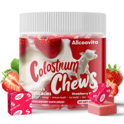 Allcoovita Bovine Colostrum Chews bottle front, strawberry flavor for daily vitality