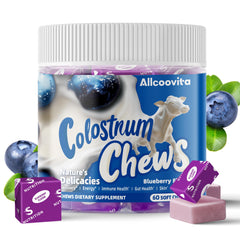 Allcoovita Colostrum Chews blueberry bottle for convenient daily wellness.