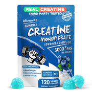 Allcoovita Creatine Gummies bottle front showing high-potency 5000mg per serving for workouts.