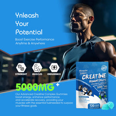 Texture and color close-up of Allcoovita Creatine Gummy with blue notes.