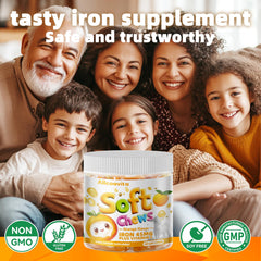 Allcoovita Iron Soft Chews orange bottle label, gluten-free formulation.