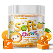 Allcoovita Iron Soft Chews orange pack front, convenient daily energy support.