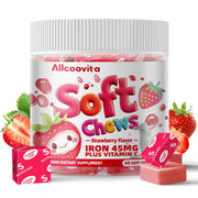 Allcoovita Iron Soft Chews strawberry bottle shown for on-the-go iron support.